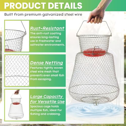 2 Pack Floatable Galvanized Steel Wire Fish Baskets, Collapsible Caget for Live Caught Fish, Portable Fishing Basket Wire Fishing Net Cage
