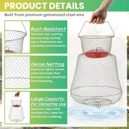 2 Pack Floatable Galvanized Steel Wire Fish Baskets, Collapsible Caget for Live Caught Fish, Portable Fishing Basket Wire Fishing Net Cage