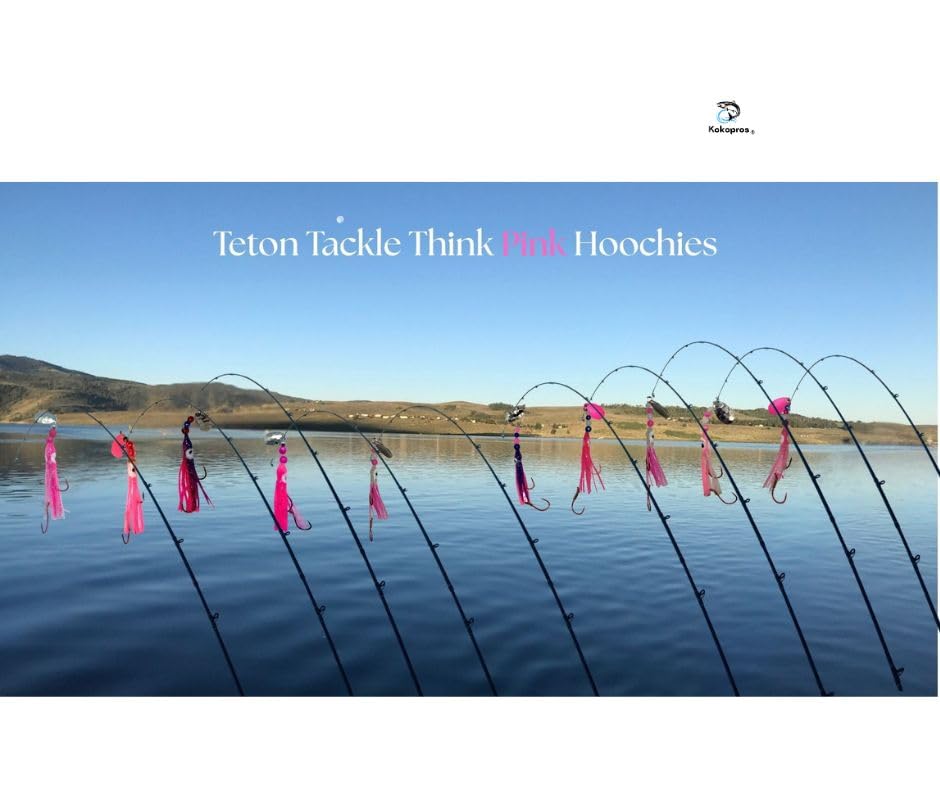 Squid Fishing Hoochies 10 Pack -Glow Fresh Water Kokanee Salmon Trolling Lures with Pre-Rigged Octopus Hooks - Spinner Blades, Synthetic Skirts Kokanee Hoochies for Salmon Fishing - style: Think Pink Hoochies 10 Pack