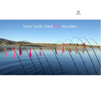 Squid Fishing Hoochies 10 Pack -Glow Fresh Water Kokanee Salmon Trolling Lures with Pre-Rigged Octopus Hooks - Spinner Blades, Synthetic Skirts Kokanee Hoochies for Salmon Fishing - style: Think Pink Hoochies 10 Pack