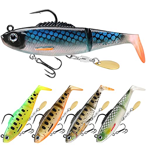 TRUSCEND Shadtale Easy Catch Soft Fishing Lures with BKK Hooks - Trembly Sinking and Vibrating Swim for More Bites, Pre-Rigged Swimbaits for Bass, Trout, Crappie, Walleye, Freshwater Saltwater Fishing - color: D1-3.5"-0.6oz