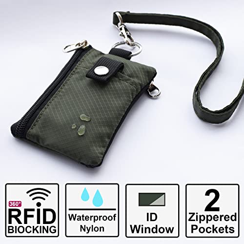 CHENSPRX Minimalist RFID Blocking Small Wallet with ID Window,WaterResistant Zip Id Case Wallet with Lanyard Keychain for Cards,Cash,Travel,Women,Men - color: Army Green