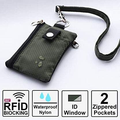 CHENSPRX Minimalist RFID Blocking Small Wallet with ID Window,WaterResistant Zip Id Case Wallet with Lanyard Keychain for Cards,Cash,Travel,Women,Men - color: Army Green