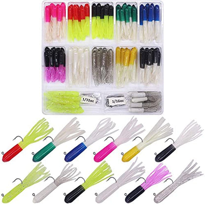 Crappie Jigs Kit with Tube Baits, 120pcs Soft Plastic Crappie Lures (12 Colors) & 10 Jig Heads for Panfish & Trout Fishing - color: Classic Crappie Tube Kit 130-Piece