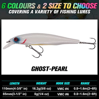 XFISHMAN Jerkbait Kit - Minnow Lure - Suspending - Bass, Smallmouth Bass, Walleye, Largemouth Bass - 1 Piece - color: Ghost-Pearl, size: 85mm（3-1/3"in）