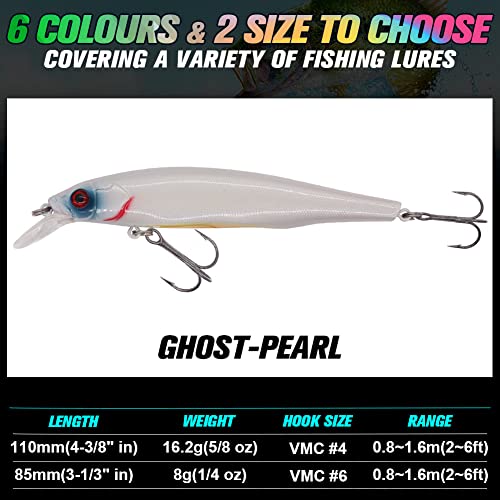 XFISHMAN Jerkbait Kit - Minnow Lure - Suspending - Bass, Smallmouth Bass, Walleye, Largemouth Bass - 1 Piece - color: Ghost-Pearl, size: 110mm（4-3/8"in）