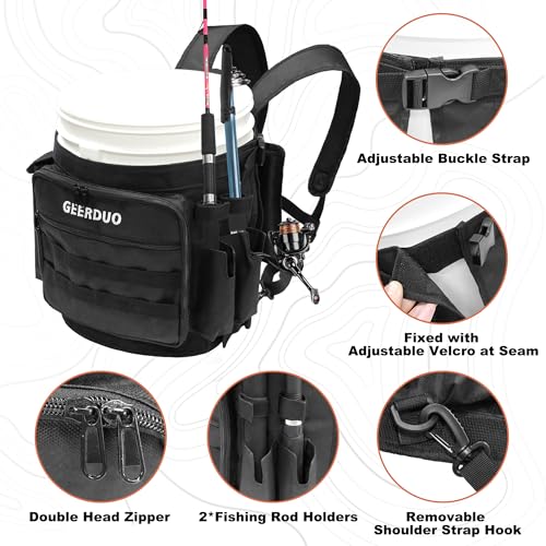 Fishing Bucket Backpack with Rod & Plier Holder and Pockets for Fishing, Hunting, Apple Picking for 5 Gallon Bucket (Black) - color: Black