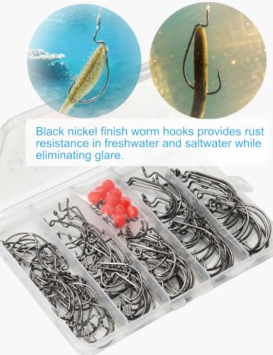 135pcs Bass Fishing Hooks Set - 110pcs High Carbon Steel Offset Worm Hooks Assortment #1, 1/0, 2/0, 3/0, 4/0 with 10pcs 8mm Red Beads and 5pcs #2 Barrel Swivels - EWG Hooks for Plastic Worms - style: Worm Hooks Set, Pack of 135