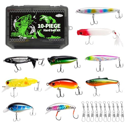 FONMANG Fishing Lures - Tackle Box with Tackle Included, Fishing Kit with VIBs, Frogs, Minnows, Soft Baits, Hooks & Weights Accessories, Freshwater Lure Kit for Bass Walleye Trout - color: F3-10pcs Hard Bait