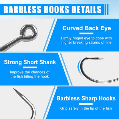 175pcs Barbless Fishing Hook Kits,Small Size Carp Fishing Hooks Curve Shank Crank and Wide Gape Fly Tying Hooks Circle Hook with Tackle Box Size 2#,4#,6#,8#,10#