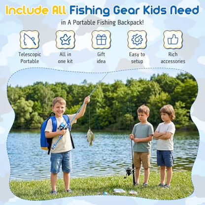 PLUSINNO Kids Fishing Pole, Telescopic Fishing Rod and Reel Combo, Fishing Gear Kit with Backpack, Tackle Box, Spincast Reel, Youth Toddler Fishing Poles for Boys Girls Age 3-5 5-10 - size: 4.92 ft