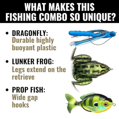 Lunkerhunt TOPCOM01 Topwater Combo – Assortment | Dragonfly, Lunker Frog, & Prop Fish | Durable Fishing Lures