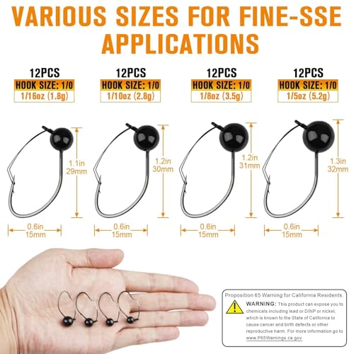 Dovesun 12PCS Weedless Jig Head Wacky Rig Hooks Weedless Fishing Hooks Jig Heads for Bass Fishing Worm Weights Hook 1/16oz 1/10oz 1/8oz 1/5oz - size: Weight1/16oz-Size1/0-12pcs