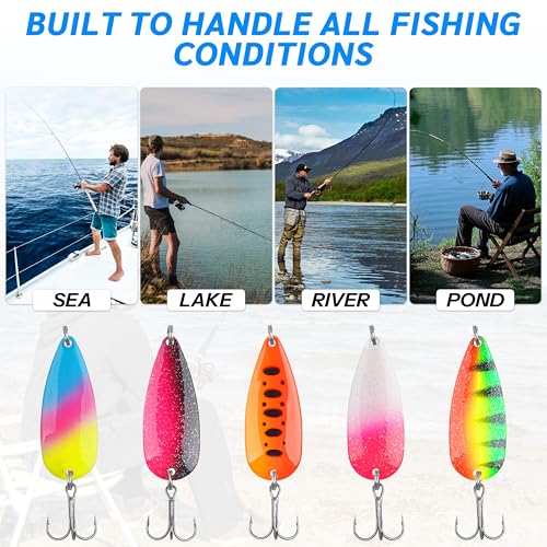 Spoon Fishing Lures, Hard Metal Fishing Spoon Lures with Treble Hooks Casting Spinner Baits for Bass Trout Pike Saltwater Freshwater - size: 1/4oz-5pcs