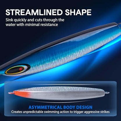 Goture Fishing Jigs, 30g 40g 50g 60g Vertical Jig Saltwater Freshwater, Jig Lures with Assist Hook and Treble Hook, 5PCS Jigging Spoon Lures with Tackle Box, Fishing Jigs for Tuna, Salmon, Bass - color: A2 with Tackle Box, size: 30g