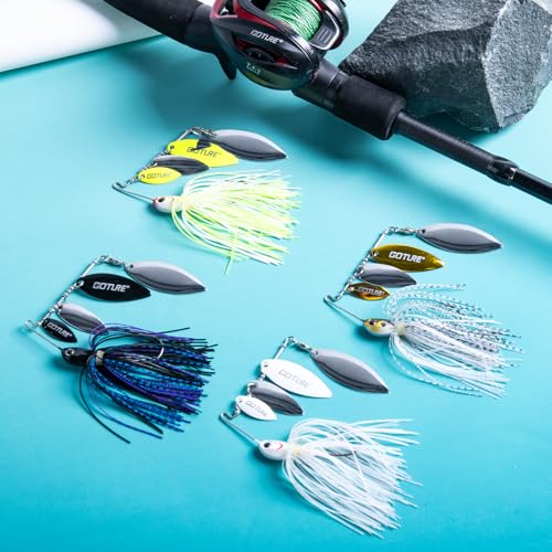 Goture Spinner Baits, Hard Metal Spinnerbaits Kit with 4 Spinner Blades, Spare Skirts Replacement, Buzzbait Spinnerbaits Fishing Lures for Bass Trout Pike Salmon Walleye Freshwater Saltwater - color: A1:2pcs(White & Gold), size: 10g 3/8oz