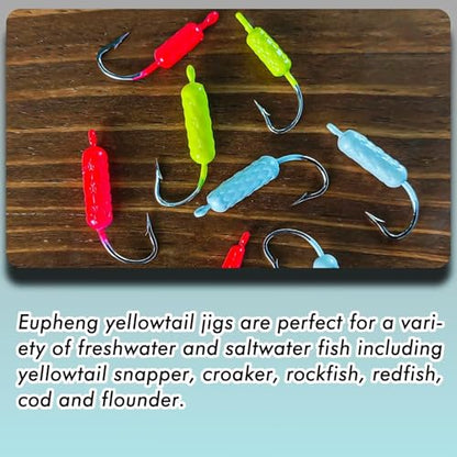 Eupheng UV Glow in Dark Yellowtail Snapper Jigs, 15PCS 1/4oz, 1/8oz, 1/16oz Weighted Jig Head with Stainless steel Hook Yellowtail jig hook for Saltwater and Freshwater Fishing - size: 1/4oz