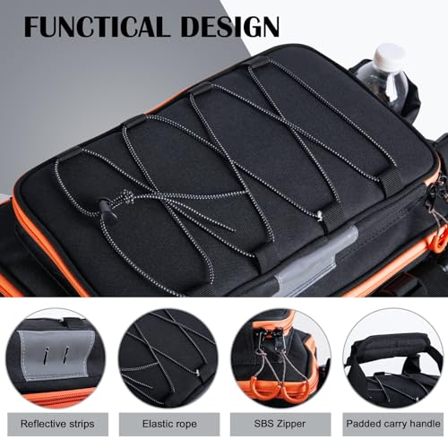 Goture Fishing Tackle Bag with 4pcs 3700 & 2pcs 3600 Tackle Boxes, 600D Water-Resistant Soft Side Saltwater Gear Storage Fishing Bag with Rod Straps, Detachable Water Bottle Pouch, Waterproof Bottom - color: C3:Black Orange with (4)3700&(2)3600 Tackle Box