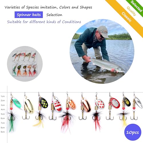 EXAURAFELIS 10/30pcs Fishing Lure Spinnerbait with Feathered Treble Hooks Rooster Tail Fishing Lures Spoon Lures for Bass Salmon Trout Spinner Baits with Tackle Box - color: 10pcs Spinnerbaits