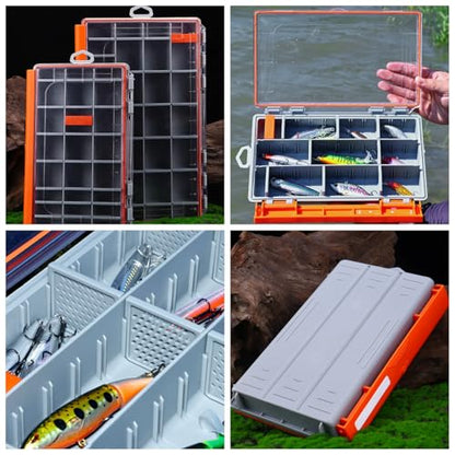Conskyee Waterproof Fishing Tackle Box, Clear Terminal Tackle Storage Organizer with Removable Dividers, Portable Fishing Lure Box Bait Vault (Orange, S)