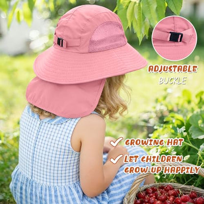 Outdoor Kids Sun Hats with Neck Flap Boys Girls Wide Brim UPF 50+ UV Protection Children Bucket Hat Safari Hat - color: 1pack-pink