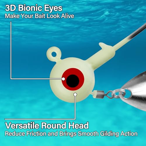 Dr.Fish 10 Pack Underspin Jig Heads Freshwater Swimbait Fishing Jig Spinner Bass Walleye Fishing Hook Colorado Blade Round Bottom Stand up - color: Glow White, size: 3/16oz