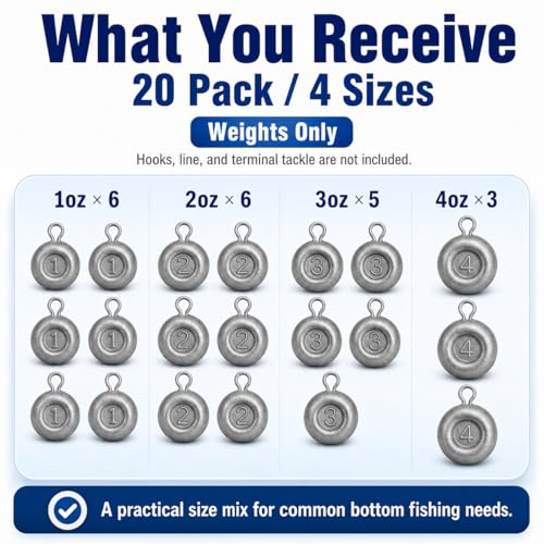 No Roll Disc Sinkers Fishing Weights, Coin Sinkers with Metal Eye, Flat Round Lead Weights for Catfish Rigs, Surf, Pier, Bottom, Saltwater & Freshwater Fishing - size: 20 Pcs / 4 Sizes