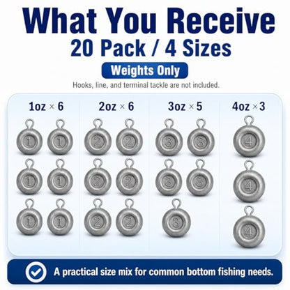 No Roll Disc Sinkers Fishing Weights, Coin Sinkers with Metal Eye, Flat Round Lead Weights for Catfish Rigs, Surf, Pier, Bottom, Saltwater & Freshwater Fishing - size: 20 Pcs / 4 Sizes