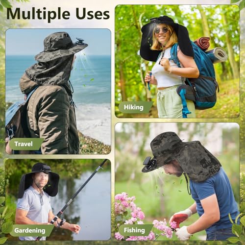 Maiteenly 2 Pcs Solar Fan Hat for Men with Neck Flap Bucket Fan Buit in Hats for Hiking Fishing Outdoor USB and Solar Powered - color: Black, Military Green