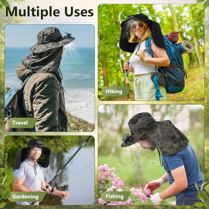 Maiteenly 2 Pcs Solar Fan Hat for Men with Neck Flap Bucket Fan Buit in Hats for Hiking Fishing Outdoor USB and Solar Powered - color: Black, Military Green