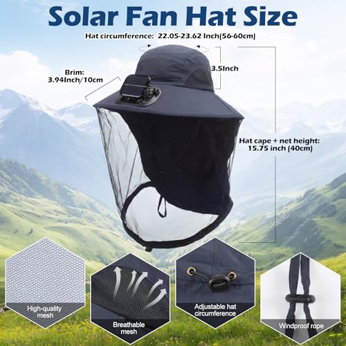 Suhine Mosquito Net Hat with Fan Built in Wide Brim Fan Solar Hat with Netting and Neck Flap for Men Women Outdoor Fishing - color: Navy Blue