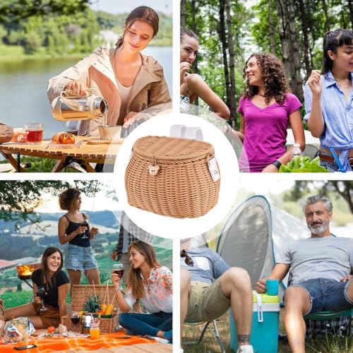 Wicker Picnic Basket, Fishing Creel Basket with Lid and Shoulder Strap, Portable Woven Baskets Decorative Wicker Baskets