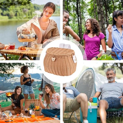 Wicker Picnic Basket, Fishing Creel Basket with Lid and Shoulder Strap, Portable Woven Baskets Decorative Wicker Baskets