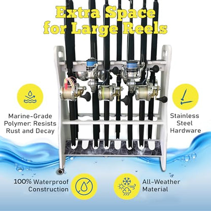 Rush Creek Creations Reel Salty Waterproof Marine Grade 16 Rolling Fishing Rod Holder Dock/Garage Storage Rack, Father's Day Gift, Gift for Dad and Grandpa, Gray/White, 29.8" L x 11.6" W x 30.9" H - style: Rolling Rod Rack