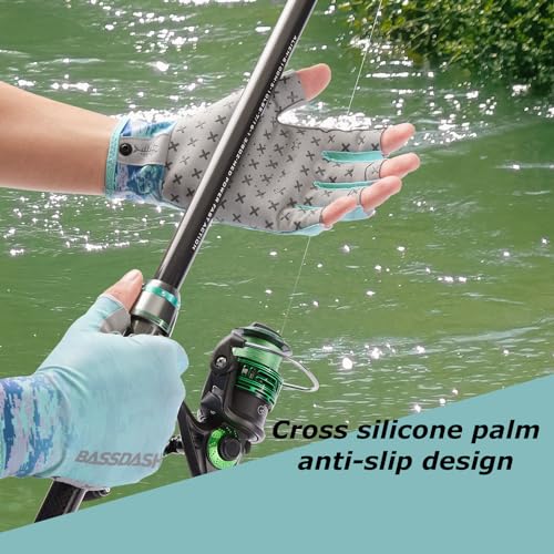 BASSDASH 3/4 Finger UPF 50+ Sun Gloves Breathable Anti-Slip Silicone Palm for Men Women Fishing Fingerless Cycling Running - color: Seafoam Digital Gradient, size: Small