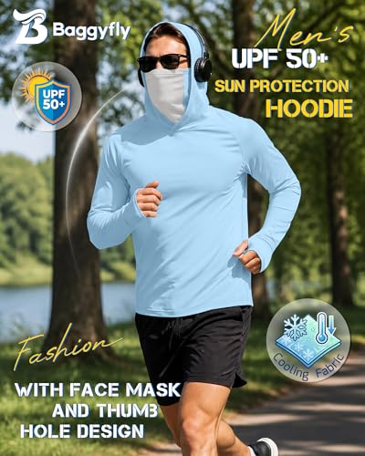 Men's UPF 50+ Sun Protection Hoodies Mask Long Sleeve Thumbholes Lightweight Dry Rash Guards Running Fishing Shirts - color: Ice Blue, size: Small