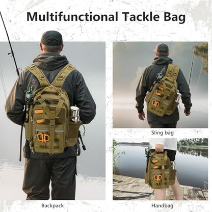 BASSDASH Convertible Fishing Backpack Sling Bag with Rod Holder, Adjustable Tactical Water-Resistant Tackle Storage Pack FP07 - color: Brown Khaki, size: Standard