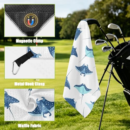 Fish White Pattern Magnetic Golf Towel for Golf Bags Microfiber Golf Accessories for Men Women with Carabiner Clip Attaches to Clubs and Carts, 17.7"x17.7"