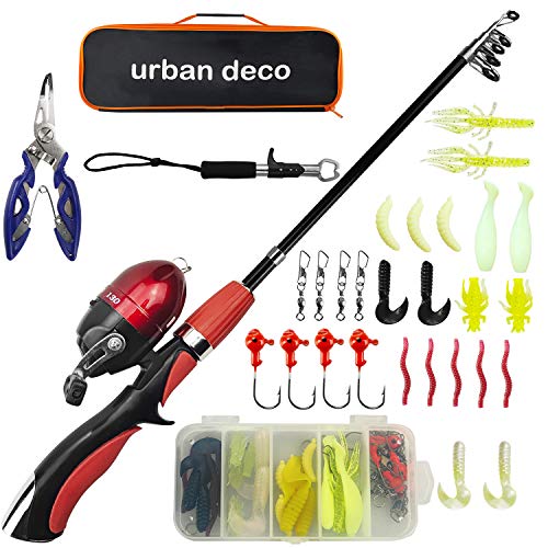 Urban Deco Kids Fishing Pole Set Portable Telescopic Kids Fishing Rod and Reel Combo Kit with Tackle Box for Beginners, Boys,Girls,Youth,Children - color: red