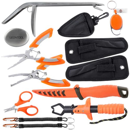 12 Pcs Fishing Tool Kit Fishing Pliers with Lanyard, Fillet Knife, Floating Fish Lip Gripper, Fishing Braid Scissors, Tool Retractor, Fishing Hook Remover and Odor Absorber Tool, Fishing Gear