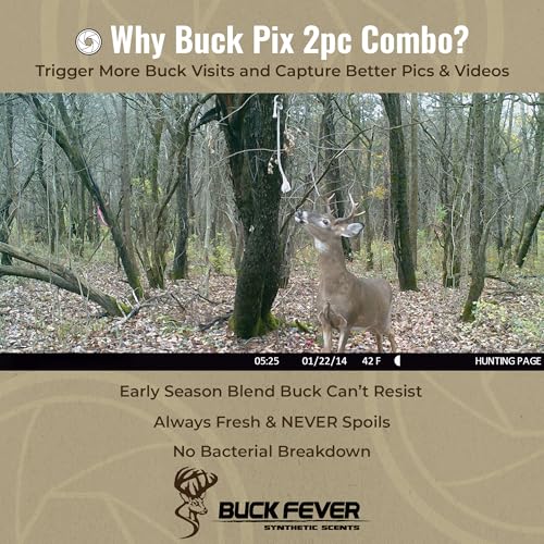 Buck Fever Buck Pix 2,3,4-Piece kit - Synthetic Deer Scent (4 oz Branch Action & 4 oz Dirt Fusion) for Whitetail & Mule - Non-Spoiling Deer Attractant for Outdoor Trail Camera - size: 2 - Piece Combo