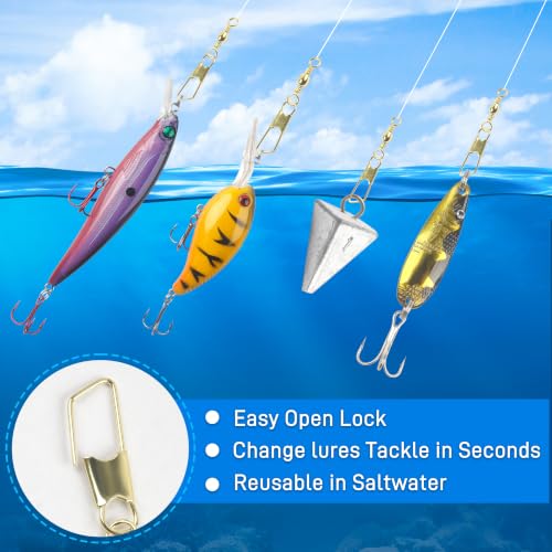 SILANON Fishing Barrel Snap Swivels, 60pcs Barrel Swivels with Safety Snaps Stainless Steel Brass Gold Barrel Swivels Fishing Tackle Solid Ring Lure Leader Line Connectors Saltwater Freshwater - size: 4#-60pcs