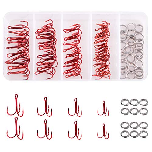 Red Treble Hooks Kit, Circle Round Bend Triple Fishing Hooks Stainless Steel Double Split Rings Assorted Fishing Tackle Box Kit for Fishing Gear Equipment Freshwater Saltwater - color: 75pcs Hooks + 25pcs Rings