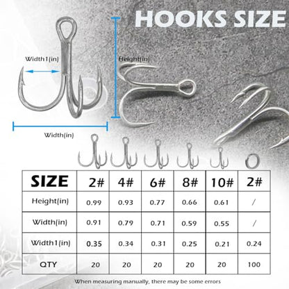 Fishing Treble Hooks Kit, Large Size High Carbon Steel Hooks 3X Strong Sharp Round Bend Hooks with Split Rings for Saltwater Freshwater Fishing 200pcs/Box Mixed 5 Size 2 4 6 8 10 - color: Silver