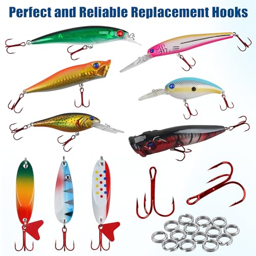 Fishing Treble Hooks Kit,160pcs High Carbon Steel Treble Hooks Strong Sharp Round Bend with Split Rings for Lures Baits Saltwater Freshwater Fishing Size 2# 4# 6# 8# 10# - color: Red Treble Hook Kit