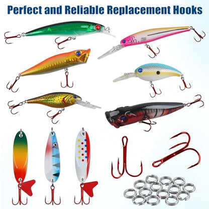 Fishing Treble Hooks Kit,160pcs High Carbon Steel Treble Hooks Strong Sharp Round Bend with Split Rings for Lures Baits Saltwater Freshwater Fishing Size 2# 4# 6# 8# 10# - color: Red Treble Hook Kit