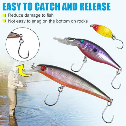 Inline Single Hooks Kit, 185pcs Single Replacement Hooks for Hard Lures Baits Inline Circle Hooks with Split Rings Large Eye Fishing Hooks Saltwater Freshwater for Treble Hook Replacement
