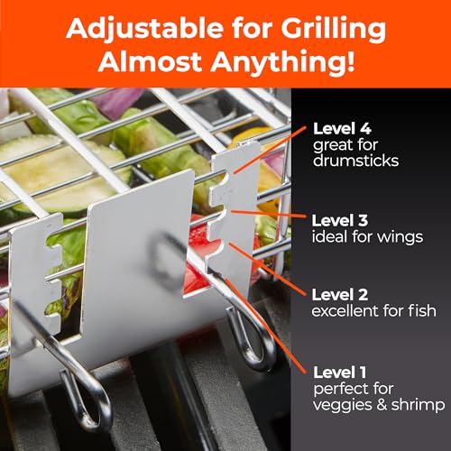 Adjustable Grill Basket with Removable Handle – 4 Height Levels for Vegetables, Meat, Fish & More – Locking Lid - Basting Brush, Scrub Sponge & Storage Bag for Outdoor Cooking - size: Adjustable w/ Sponges