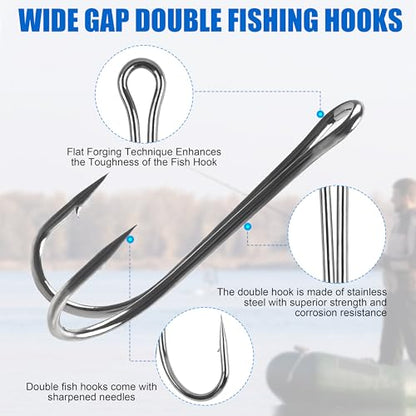 OROOTL Double Fishing Hooks, 50pcs Classic Frog Hooks High Carbon Steel Double Hook Fishing Barbed Open Shank for Saltwater Freshwater - size: 3/0-50pcs