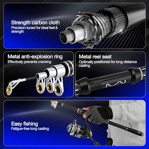 2PCS Telescopic Fishing Rod and Reel Combo Sets, Collapsible Fishing Pole Set with 2 Carbon Fiber Fishing Poles, 13BB Pre‑Spooled Spinning Reels, Saltwater Fishing Rod for Adults and Beginners